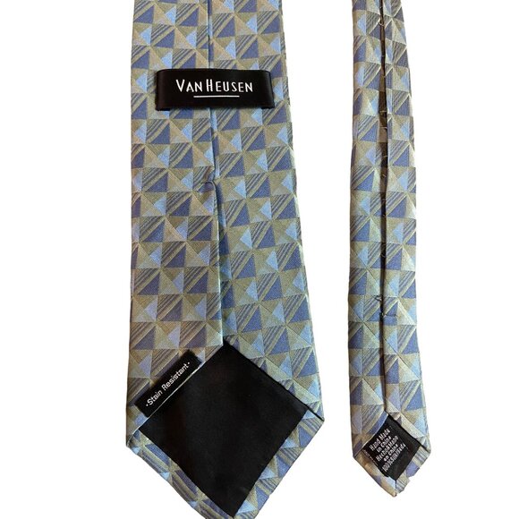 Van Heusen Mens Silk Neck Tie Blue Tan Square Geometric Work Dad Gift - Picture 4 of 6